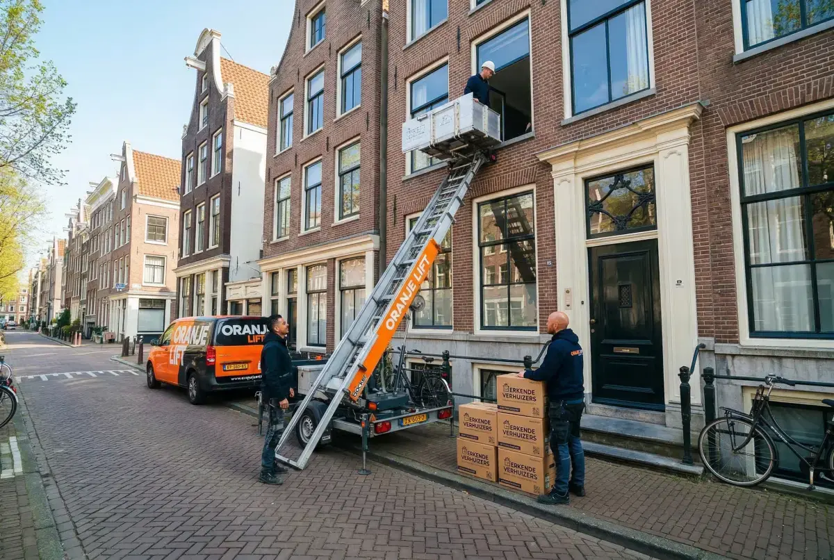 Aanhangerlift in smalle straat Delfshaven